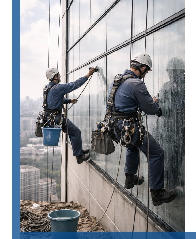 Профессиональная мойка фасадных окон альпинистами в Дагестанских Огнях