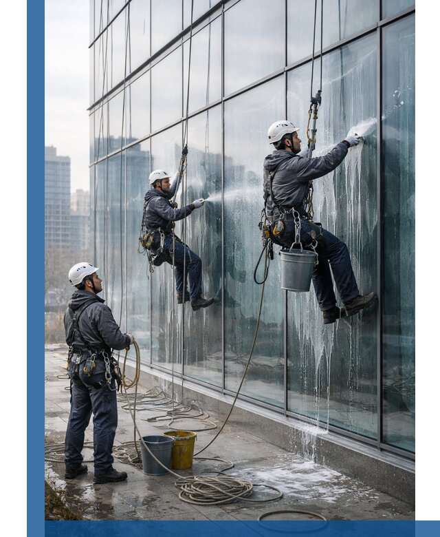 Промышленная мойка панорамных окон на высоте в Дагестанских Огнях