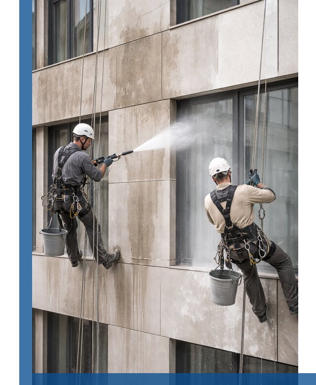 Послестроительная мойка фасада промышленным альпинизмом в Дагестанских Огнях