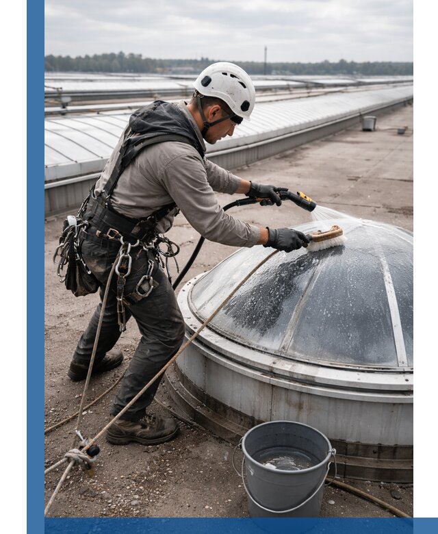 Мойка зенитных фонарей на кровле для промышленных объектов в Дагестанских Огнях