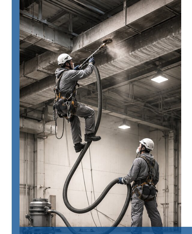 Обеспыливание потолочных конструкций в Дагестанских Огнях промышленным альпинизмом