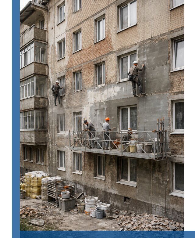 Капитальный ремонт фасада в Дагестанских Огнях с восстановлением и гидроизоляцией