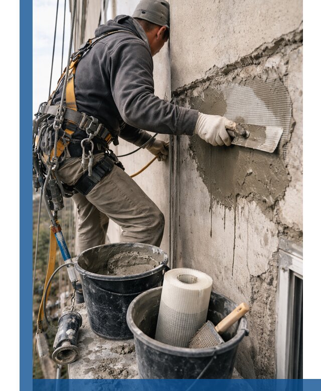 Ремонт бетонных элементов фасада промышленными альпинистами в Дагестанских Огнях