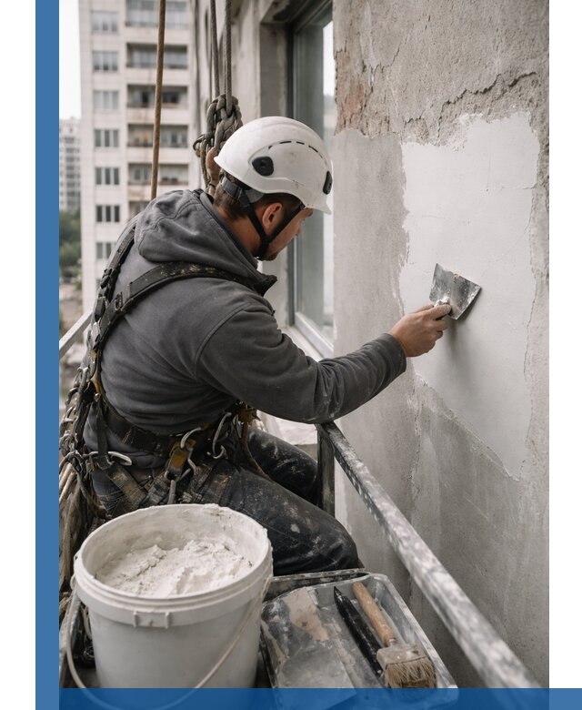 Шпаклевка фасадов на высоте с промальпинистами в Дагестанских Огнях