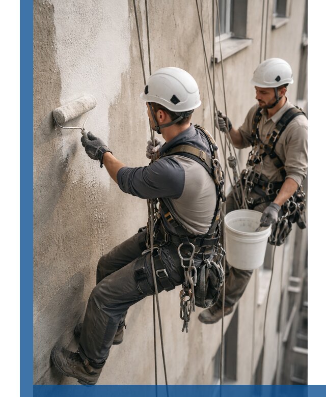 Грунтовка фасада на высоте в Дагестанских Огнях промышленными альпинистами