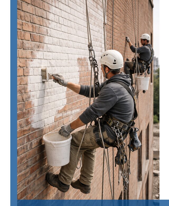 Покраска кирпичного фасада с доступным альпинистским сервисом в Дагестанских Огнях
