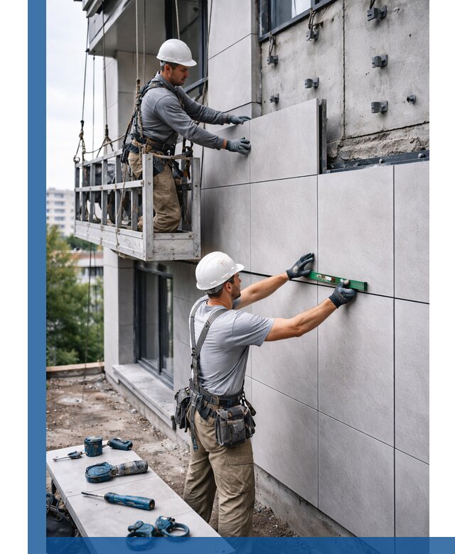 Монтаж керамогранита на фасад в Дагестанских Огнях под ключ с гарантией качества