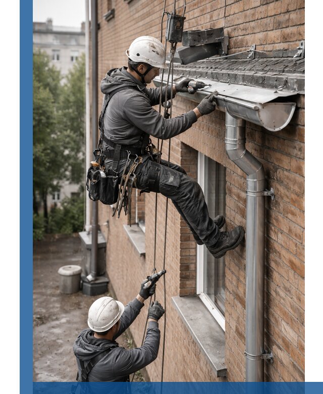 Монтаж водосточной системы на здании в Дагестанских Огнях под ключ