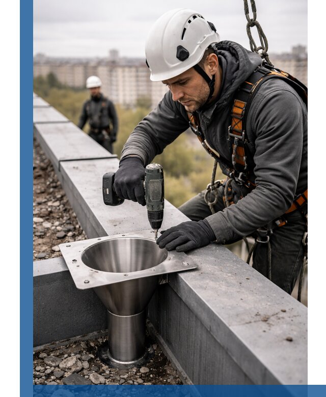 Монтаж водосточных воронок в Дагестанских Огнях для промышленных зданий