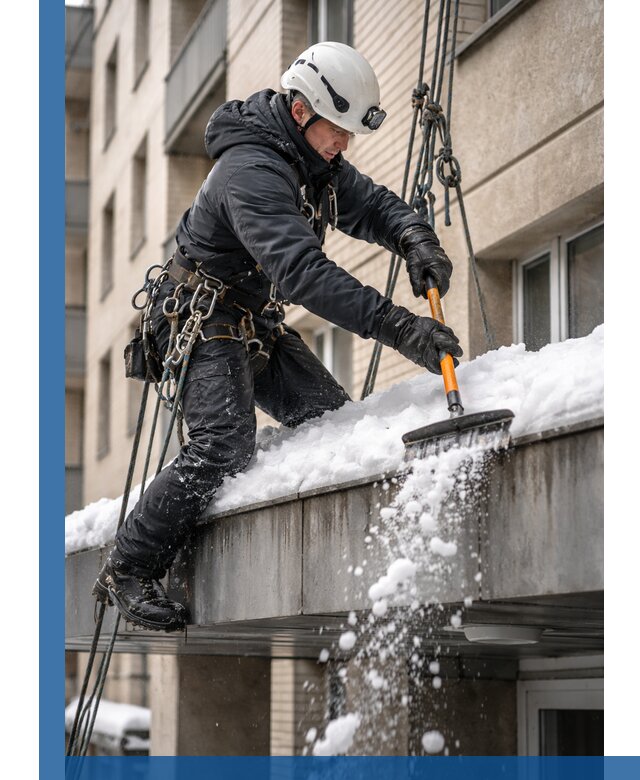 Очистка козырьков от снега в Дагестанских Огнях круглогодично безопасно