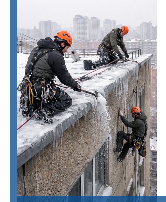 Удаление наледи с кровли в Дагестанских Огнях промышленными альпинистами