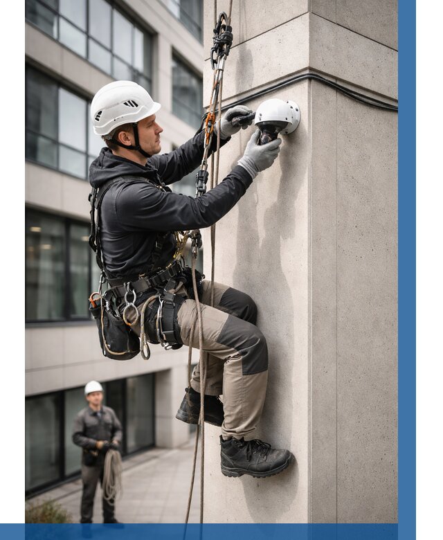 Монтаж камер видеонаблюдения на фасаде в Дагестанских Огнях от 8775 р.-ВЫСОТНИК-Дгс