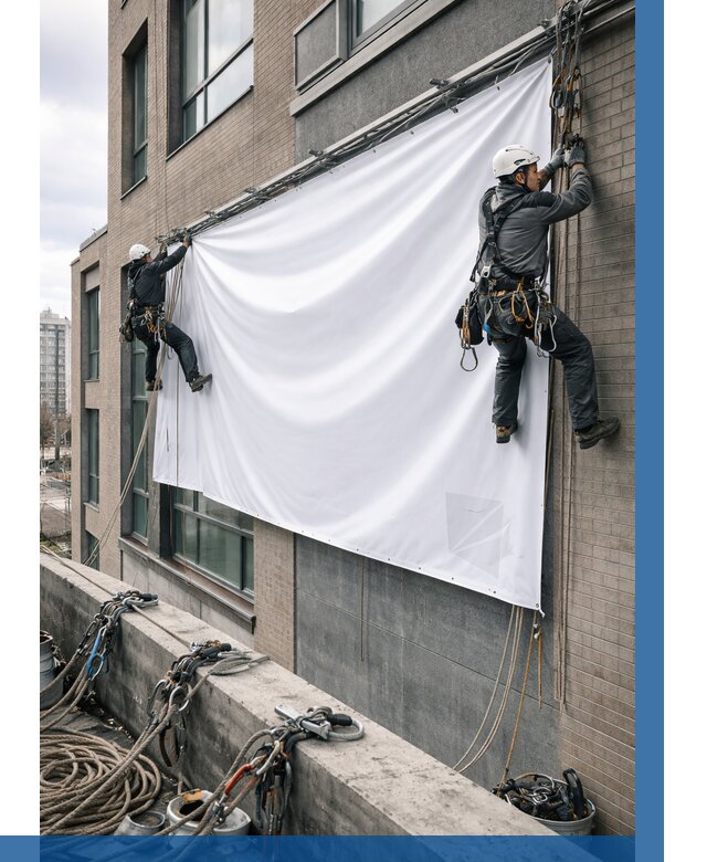 Монтаж баннеров на фасаде в Дагестанских Огнях от 671 р. заказать ВЫСОТНИК-Дгс