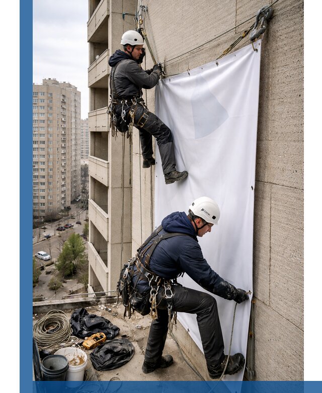 Профессиональный монтаж баннеров на фасаде в Дагестанских Огнях