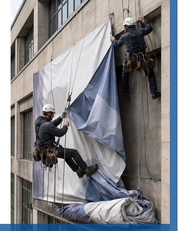 Демонтаж баннеров с фасада в Дагестанских Огнях от 4645 р. | ВЫСОТНИК-Дгс