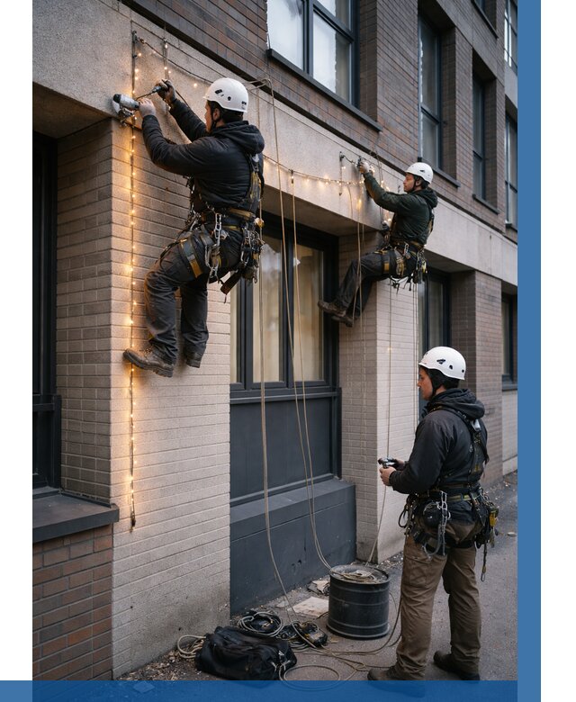 Монтаж гирлянд на фасаде в Дагестанских Огнях от 3613 р. | ВЫСОТНИК-Дгс