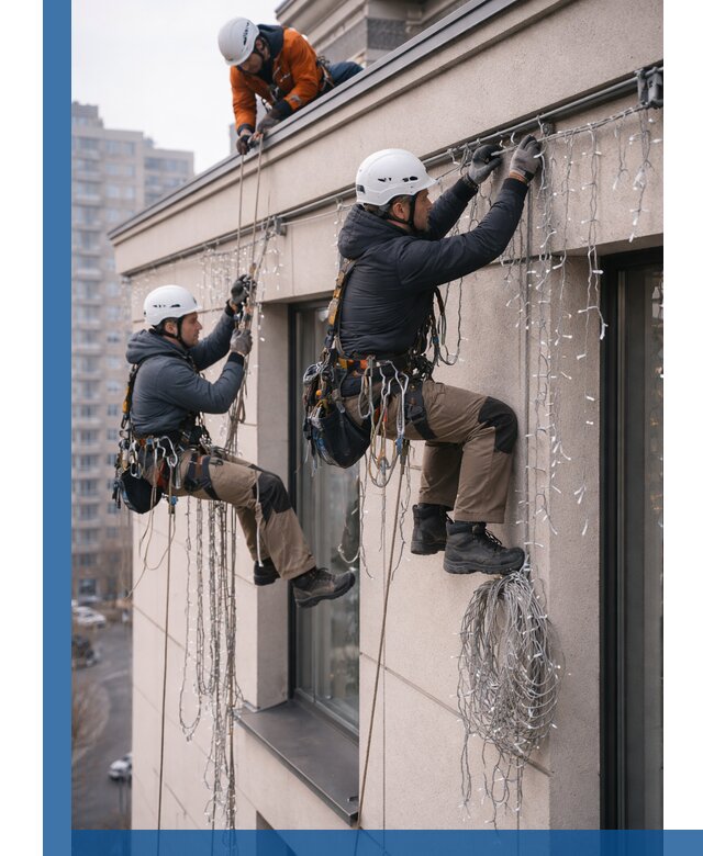 Монтаж праздничных гирлянд на фасаде в Дагестанских Огнях для зданий