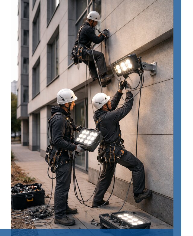 Монтаж прожекторов на фасаде в Дагестанских Огнях от 7742 р. | ВЫСОТНИК-Дгс