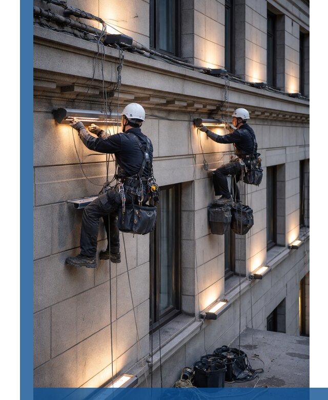 Монтаж архитектурной подсветки фасадов зданий в Дагестанских Огнях