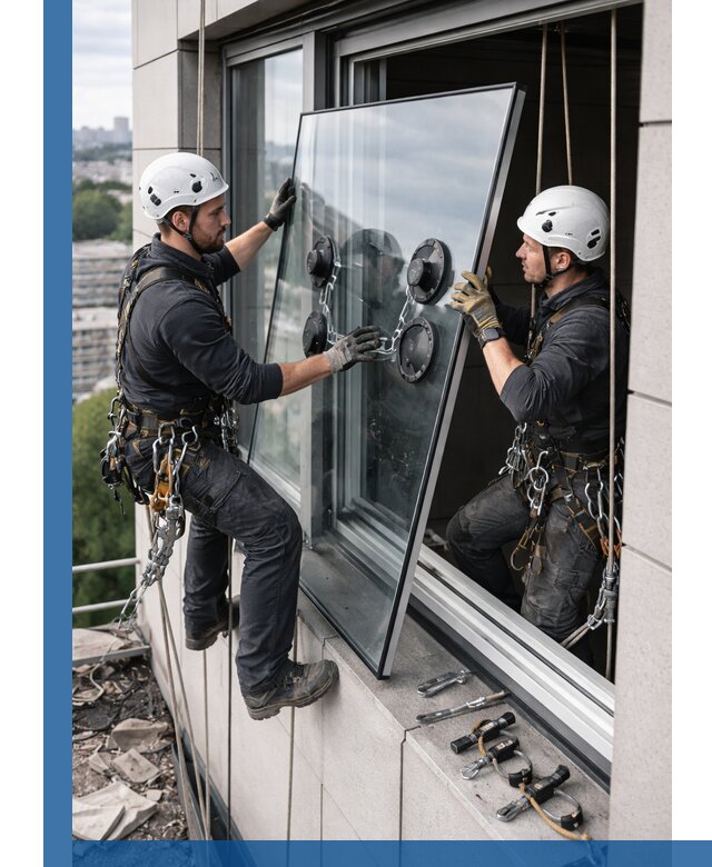 Замена стеклопакетов на высоте с промышленными альпинистами в Дагестанских Огнях