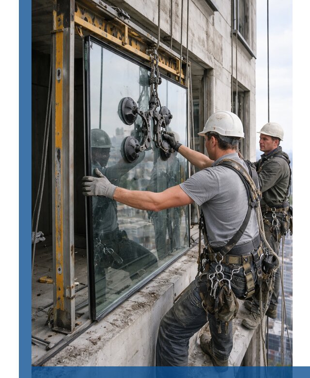 Монтаж стеклопакетов на высоте в Дагестанских Огнях с промышленным альпинизмом