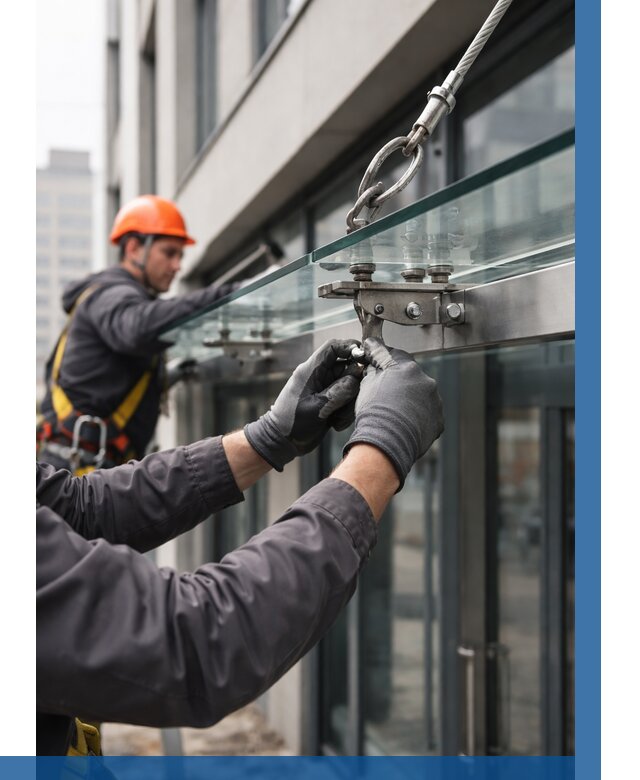 Монтаж стеклянных козырьков в Дагестанских Огнях от 8775 р. | ВЫСОТНИК-Дгс