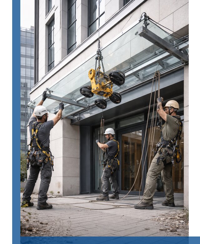 Монтаж стеклянных козырьков под ключ в Дагестанских Огнях для зданий