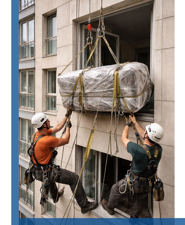 Подъем грузов через окно в Дагестанских Огнях промышленными альпинистами