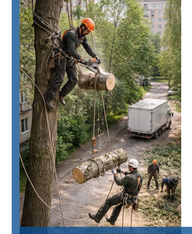 Спил деревьев альпинистами в Дагестанских Огнях, безопасно и без повреждений
