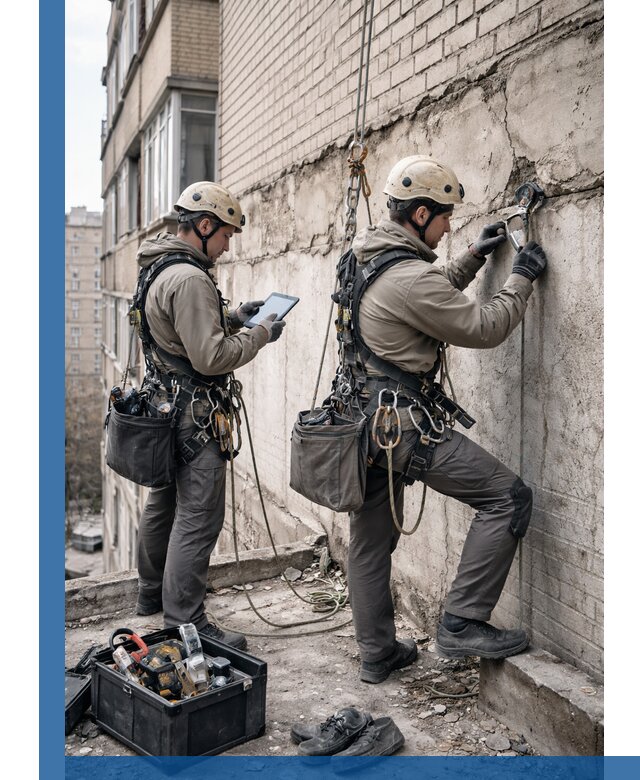 Обследование фасада промышленными альпинистами в Дагестанских Огнях